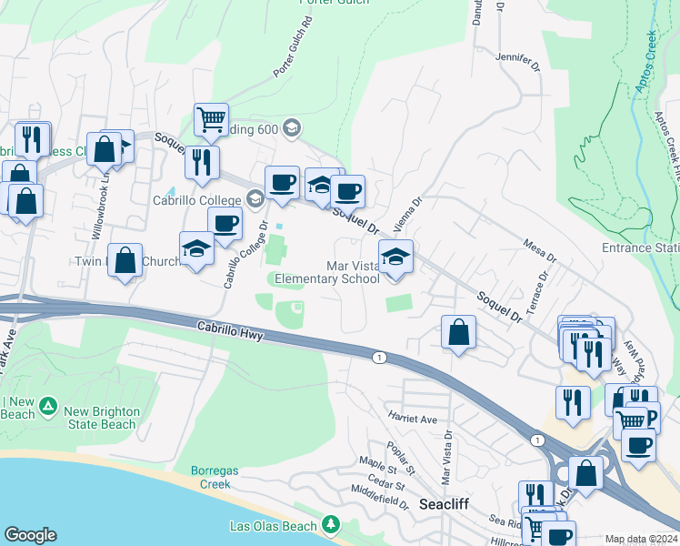 map of restaurants, bars, coffee shops, grocery stores, and more near 2872 Estates Drive in Aptos