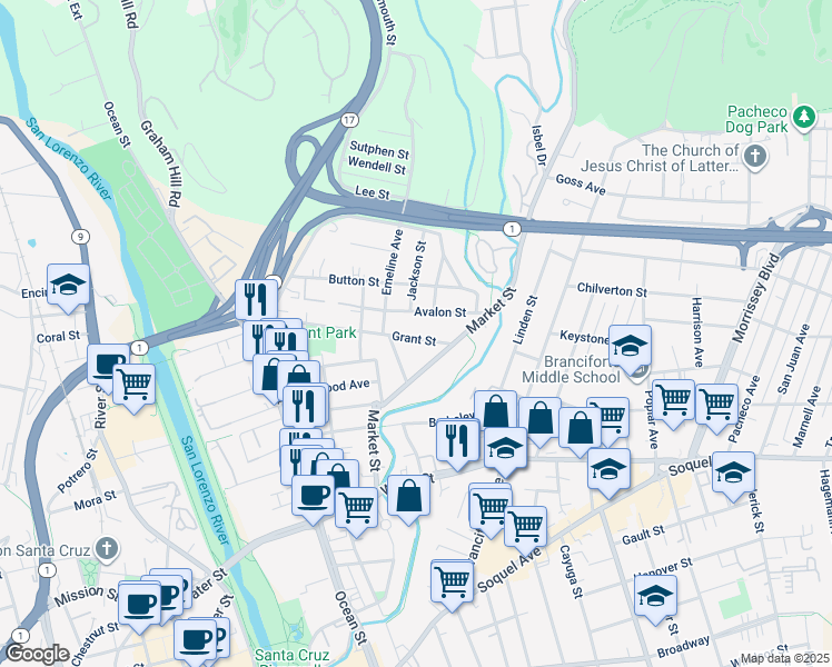 map of restaurants, bars, coffee shops, grocery stores, and more near 429 Grant Street in Santa Cruz