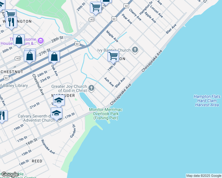 map of restaurants, bars, coffee shops, grocery stores, and more near 207 Blair Avenue in Newport News
