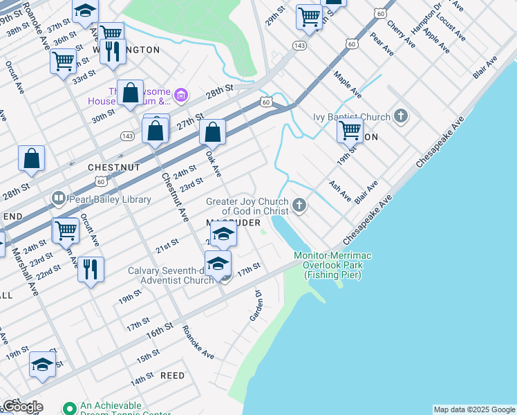map of restaurants, bars, coffee shops, grocery stores, and more near 1410 Hampton Drive in Newport News