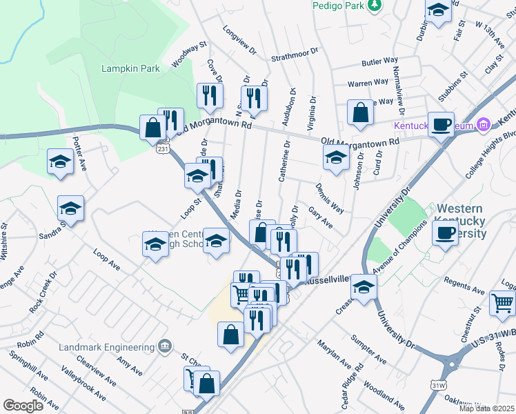 map of restaurants, bars, coffee shops, grocery stores, and more near South Sunrise Drive in Bowling Green