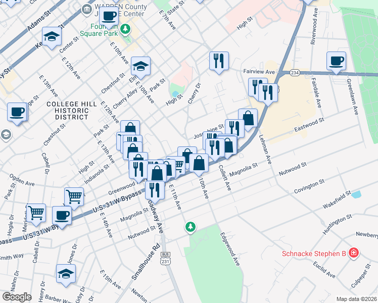 map of restaurants, bars, coffee shops, grocery stores, and more near 917 East 10th Avenue in Bowling Green