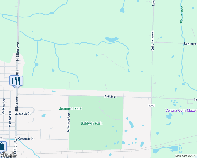 map of restaurants, bars, coffee shops, grocery stores, and more near 1101 East High Street in Aurora