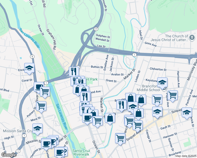 map of restaurants, bars, coffee shops, grocery stores, and more near Grant Street in Santa Cruz