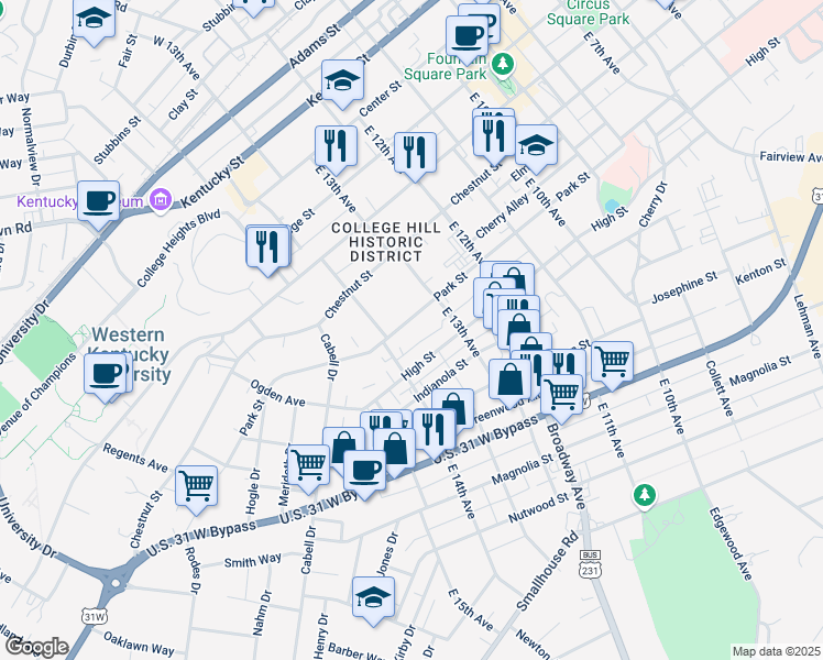 map of restaurants, bars, coffee shops, grocery stores, and more near 1344 Park Street in Bowling Green