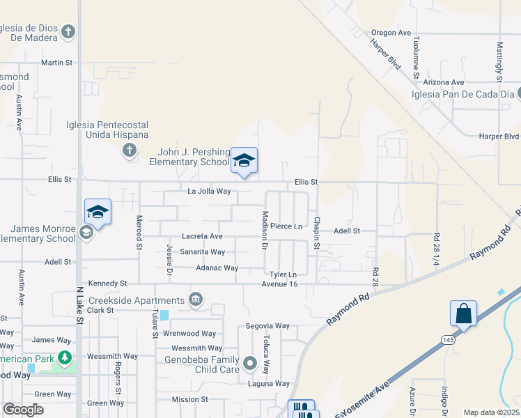 map of restaurants, bars, coffee shops, grocery stores, and more near 1936 Madison Drive in Madera