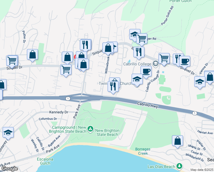 map of restaurants, bars, coffee shops, grocery stores, and more near 2782 Wimbledon Drive in Aptos