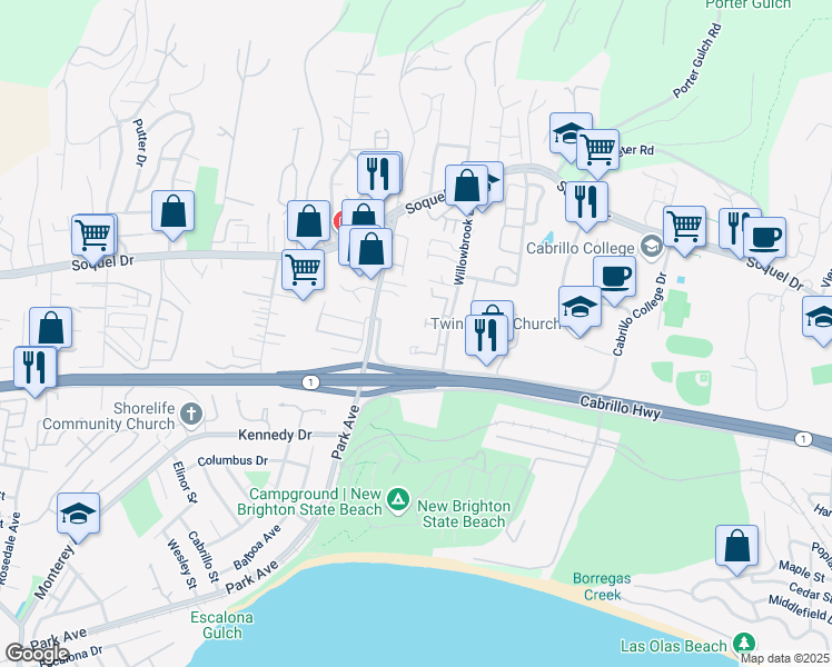 map of restaurants, bars, coffee shops, grocery stores, and more near 2613 Willowbrook Lane in Aptos