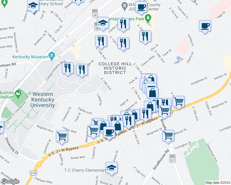 map of restaurants, bars, coffee shops, grocery stores, and more near 647 East 14th Avenue in Bowling Green
