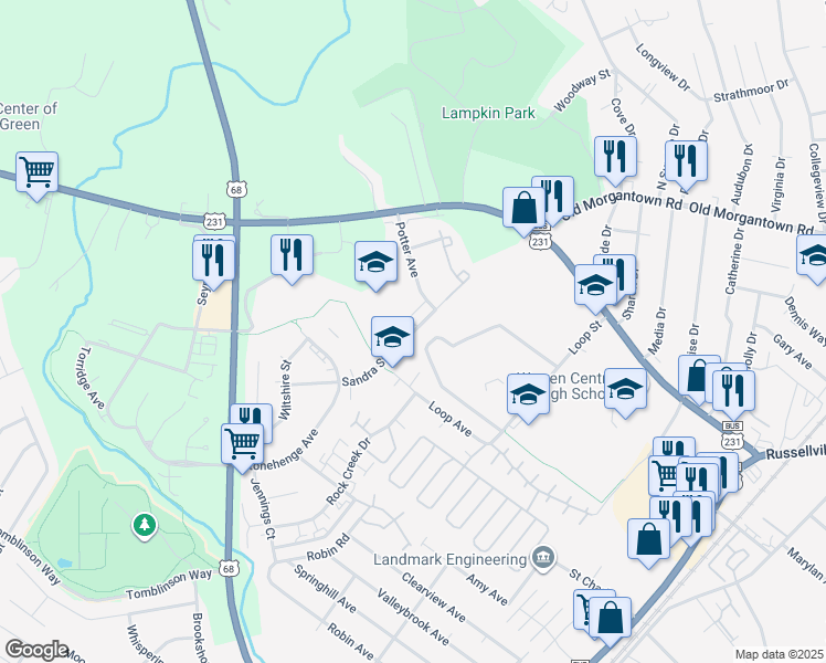 map of restaurants, bars, coffee shops, grocery stores, and more near 1871 Sandra Street in Bowling Green