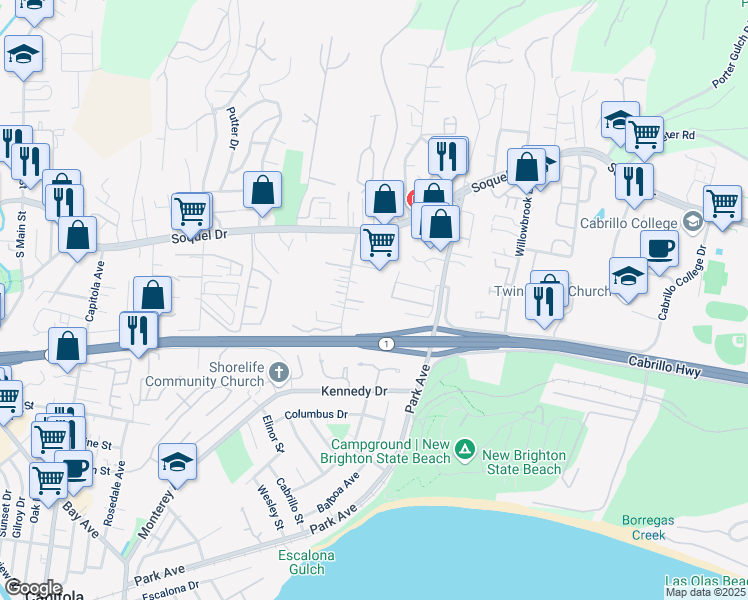 map of restaurants, bars, coffee shops, grocery stores, and more near 3 Karin Court in Soquel
