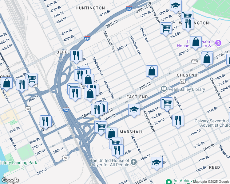 map of restaurants, bars, coffee shops, grocery stores, and more near 711 29th Street in Newport News