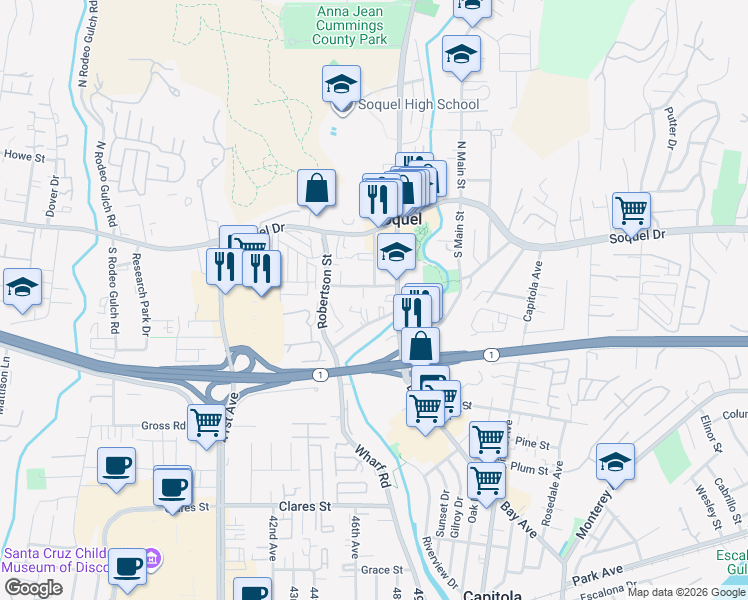 map of restaurants, bars, coffee shops, grocery stores, and more near 4604 West Walnut Street in Soquel