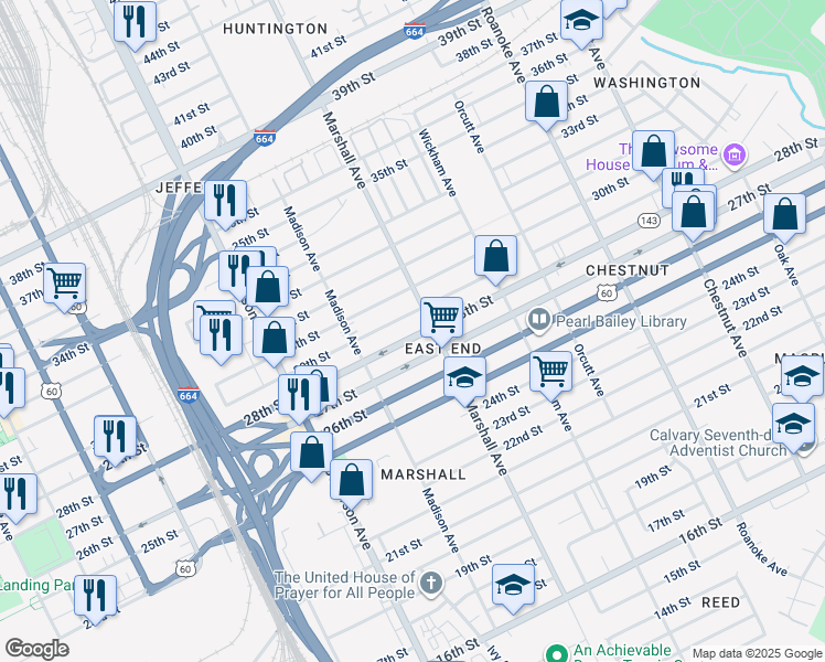 map of restaurants, bars, coffee shops, grocery stores, and more near 751 28th Street in Newport News