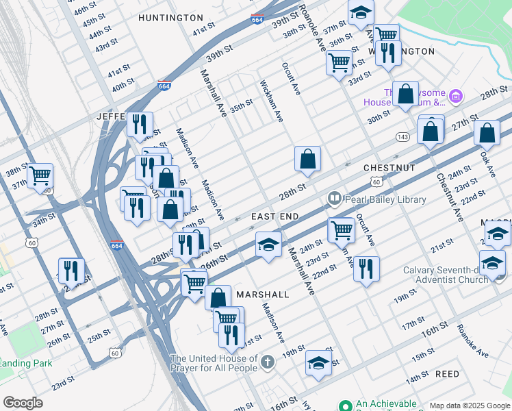 map of restaurants, bars, coffee shops, grocery stores, and more near 751 28th Street in Newport News