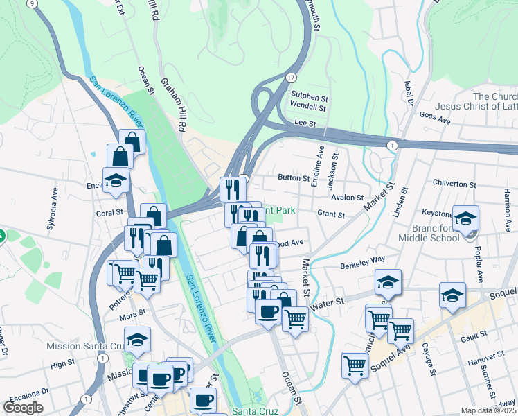 map of restaurants, bars, coffee shops, grocery stores, and more near 120 Grant Street in Santa Cruz