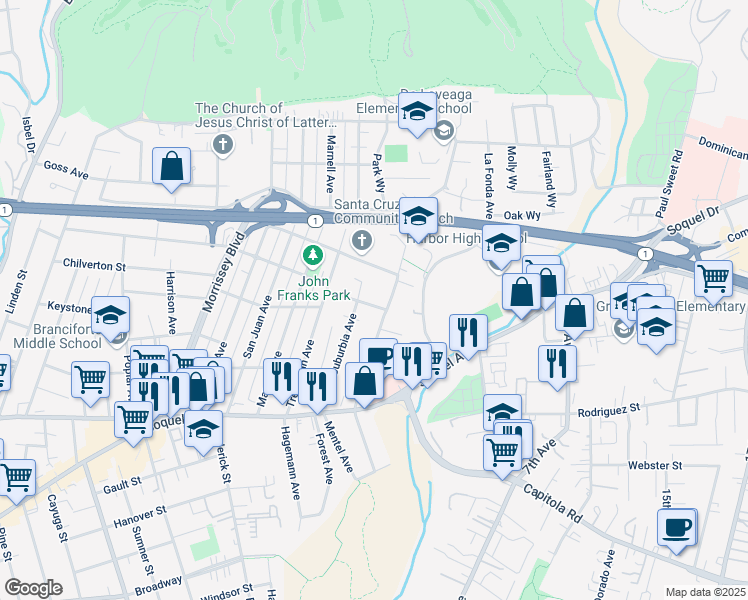 map of restaurants, bars, coffee shops, grocery stores, and more near 215 Almena Street in Santa Cruz