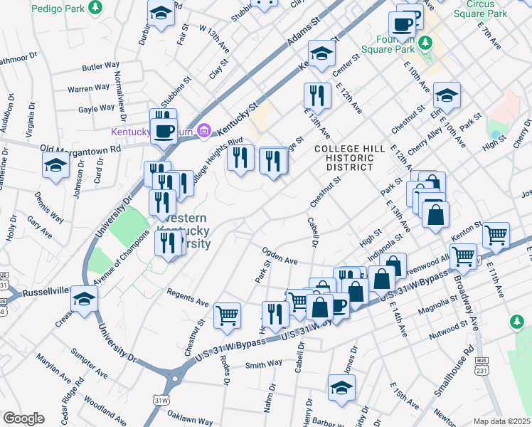 map of restaurants, bars, coffee shops, grocery stores, and more near 525 Kiss Me Quick Avenue in Bowling Green