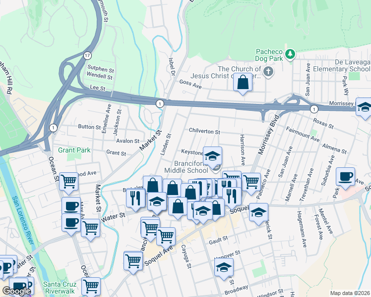 map of restaurants, bars, coffee shops, grocery stores, and more near 117 Keystone Avenue in Santa Cruz