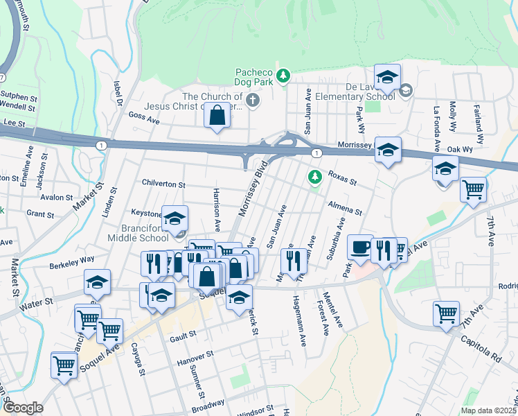 map of restaurants, bars, coffee shops, grocery stores, and more near 343 Pacheco Ave in Santa Cruz