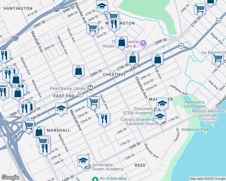 map of restaurants, bars, coffee shops, grocery stores, and more near 1030 25th Street in Newport News
