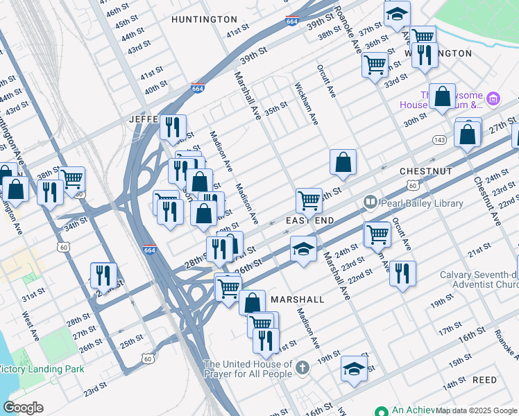 map of restaurants, bars, coffee shops, grocery stores, and more near 711 29th Street in Newport News