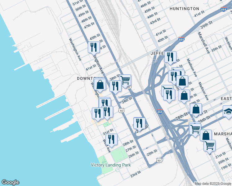 map of restaurants, bars, coffee shops, grocery stores, and more near 3512 Huntington Ave in Newport News