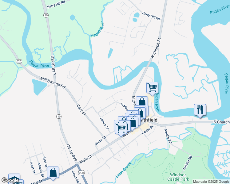 map of restaurants, bars, coffee shops, grocery stores, and more near 150 Riverview Avenue in Smithfield