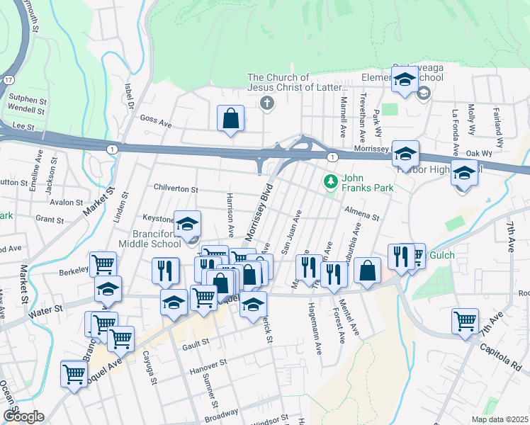 map of restaurants, bars, coffee shops, grocery stores, and more near 338 Morrissey Boulevard in Santa Cruz