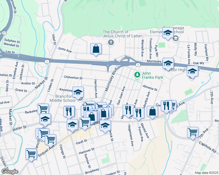 map of restaurants, bars, coffee shops, grocery stores, and more near 338 Morrissey Boulevard in Santa Cruz