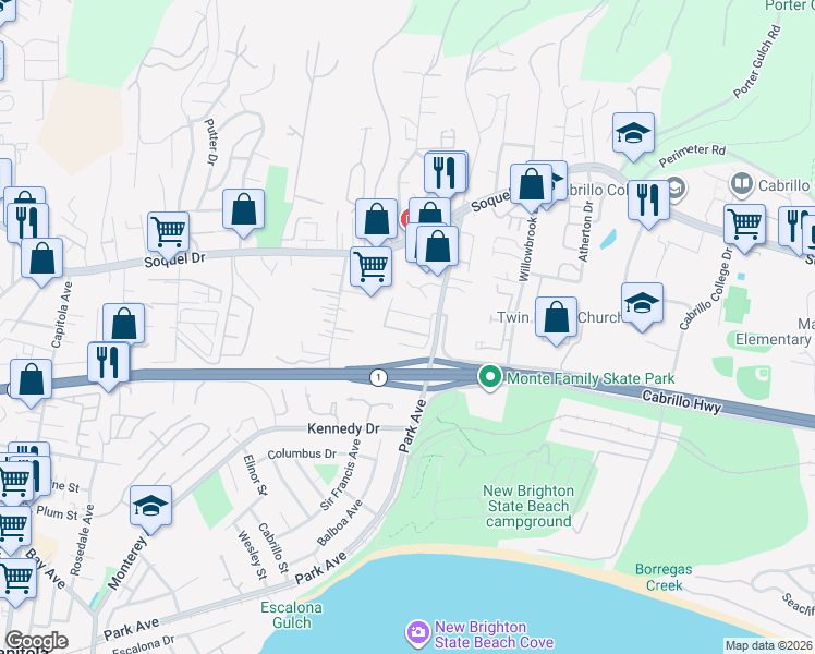 map of restaurants, bars, coffee shops, grocery stores, and more near 297 Alturas Way in Soquel