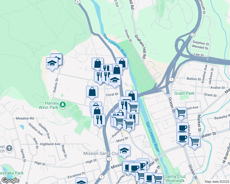 map of restaurants, bars, coffee shops, grocery stores, and more near 112 Coral Street in Santa Cruz