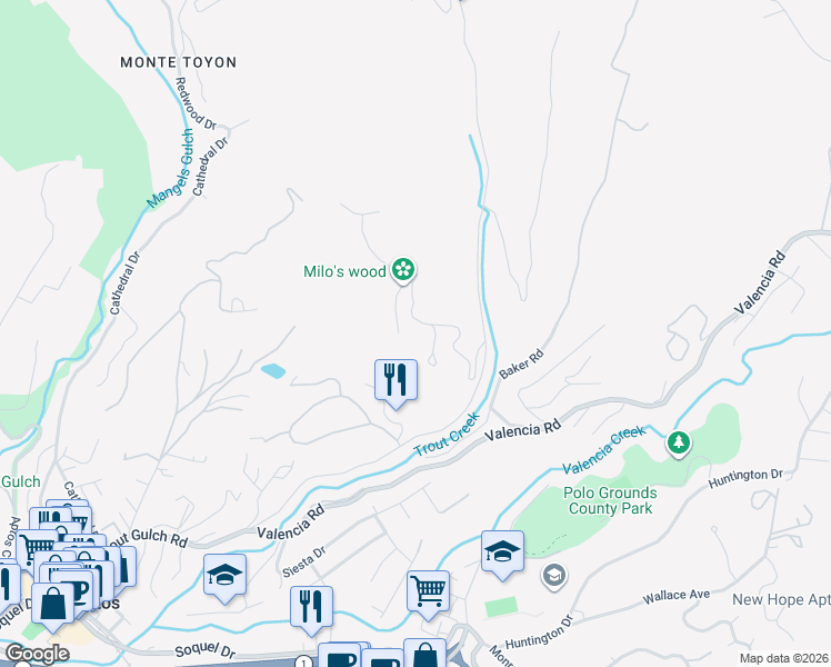 map of restaurants, bars, coffee shops, grocery stores, and more near 645 Skyward Drive in Aptos