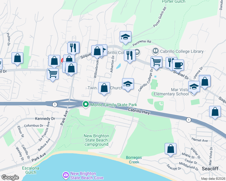 map of restaurants, bars, coffee shops, grocery stores, and more near 208 Rosemarie Ct in Aptos