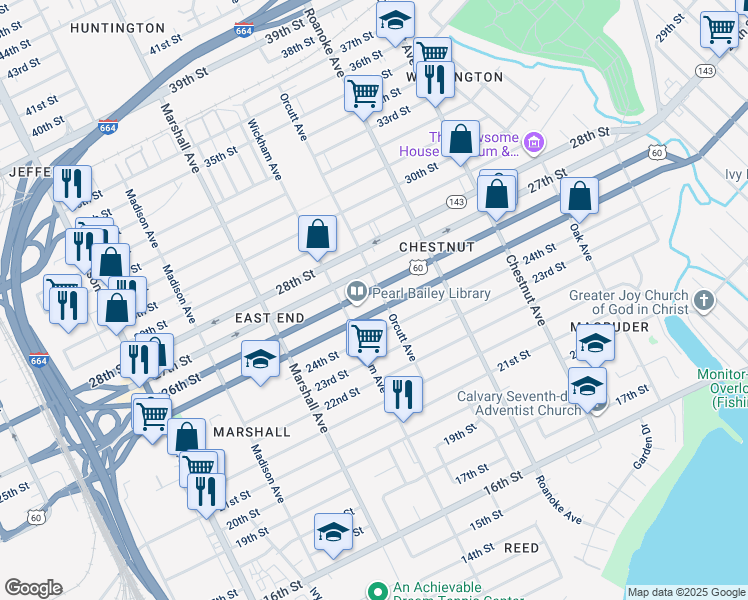 map of restaurants, bars, coffee shops, grocery stores, and more near 2500 Orcutt Avenue in Newport News