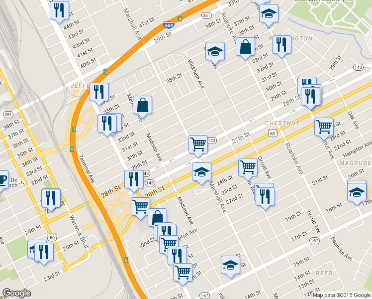 map of restaurants, bars, coffee shops, grocery stores, and more near 757 28th Street in Newport News