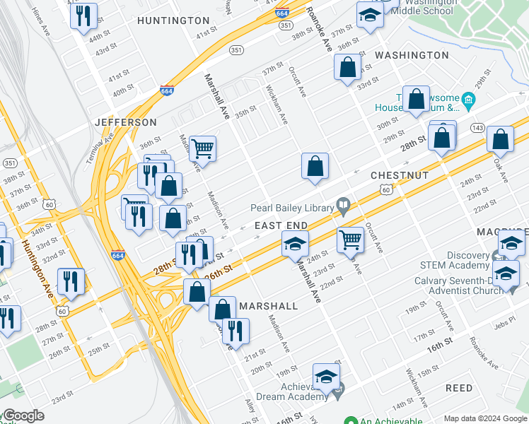 map of restaurants, bars, coffee shops, grocery stores, and more near 757 28th St in Newport News
