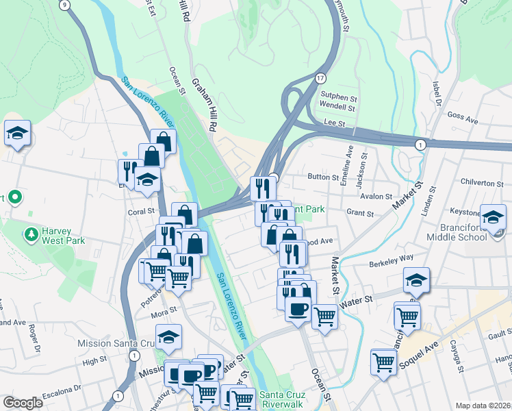 map of restaurants, bars, coffee shops, grocery stores, and more near 1602 Ocean Street in Santa Cruz