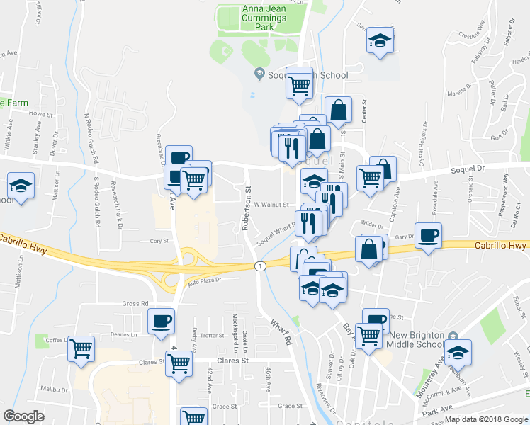 map of restaurants, bars, coffee shops, grocery stores, and more near 4460 West Walnut Street in Soquel