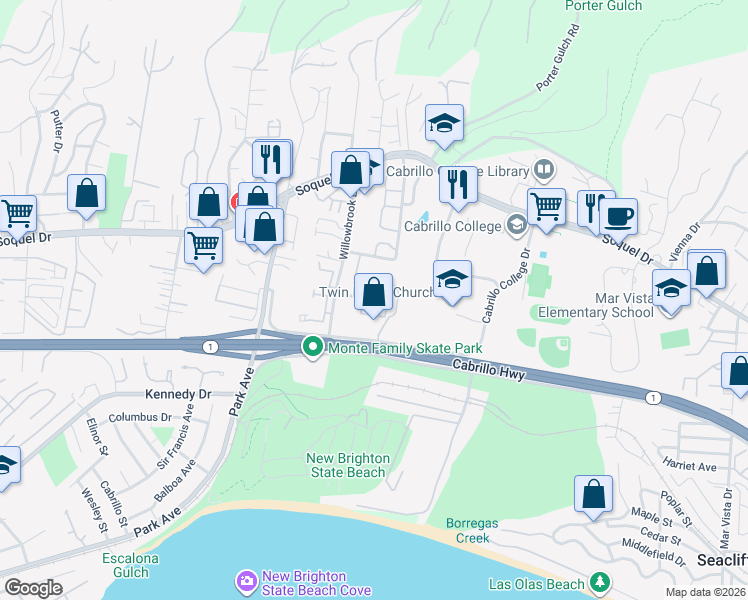 map of restaurants, bars, coffee shops, grocery stores, and more near 6341 Imperial Court in Aptos