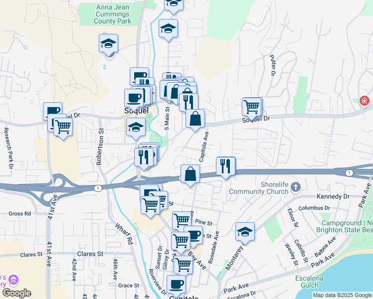 map of restaurants, bars, coffee shops, grocery stores, and more near 5006 Bellevue Street in Soquel