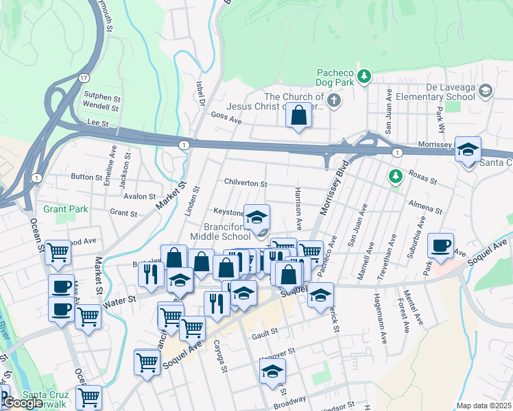 map of restaurants, bars, coffee shops, grocery stores, and more near 319 Keystone Avenue in Santa Cruz