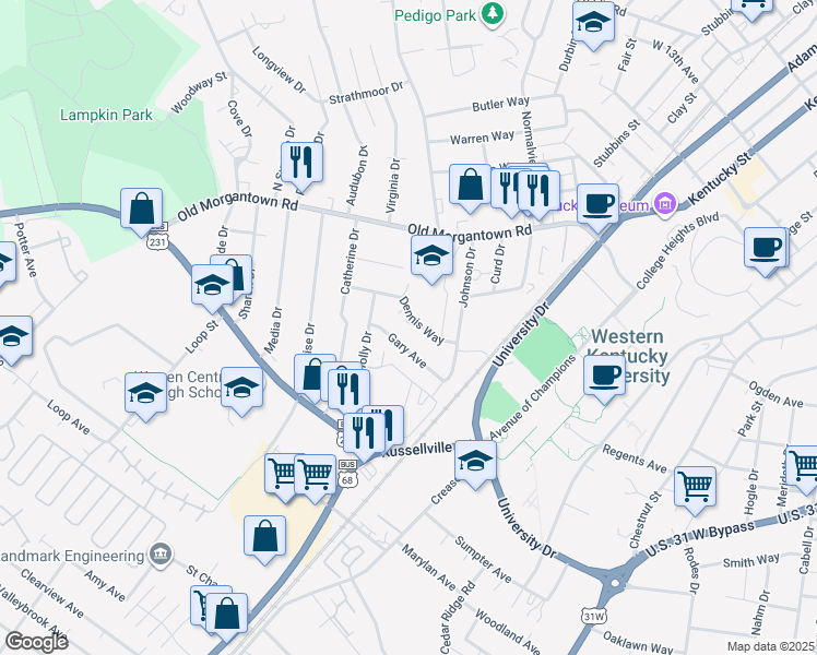 map of restaurants, bars, coffee shops, grocery stores, and more near 509 Dennis Way in Bowling Green