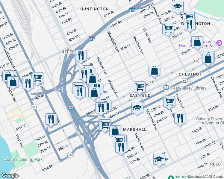 map of restaurants, bars, coffee shops, grocery stores, and more near 2915 Madison Avenue in Newport News