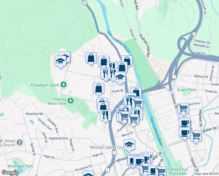 map of restaurants, bars, coffee shops, grocery stores, and more near 211 Fern Street in Santa Cruz