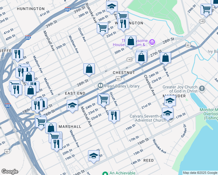 map of restaurants, bars, coffee shops, grocery stores, and more near 2500 Orcutt Ave in Newport News
