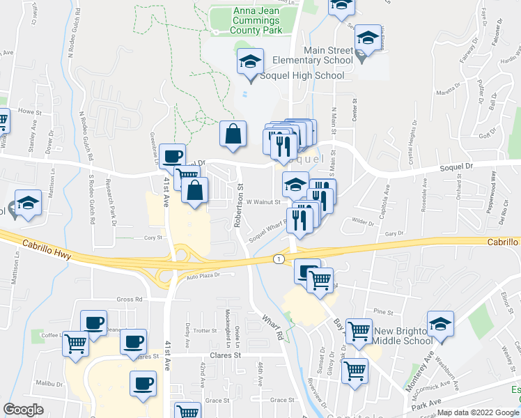 map of restaurants, bars, coffee shops, grocery stores, and more near 4510 West Walnut Street in Soquel
