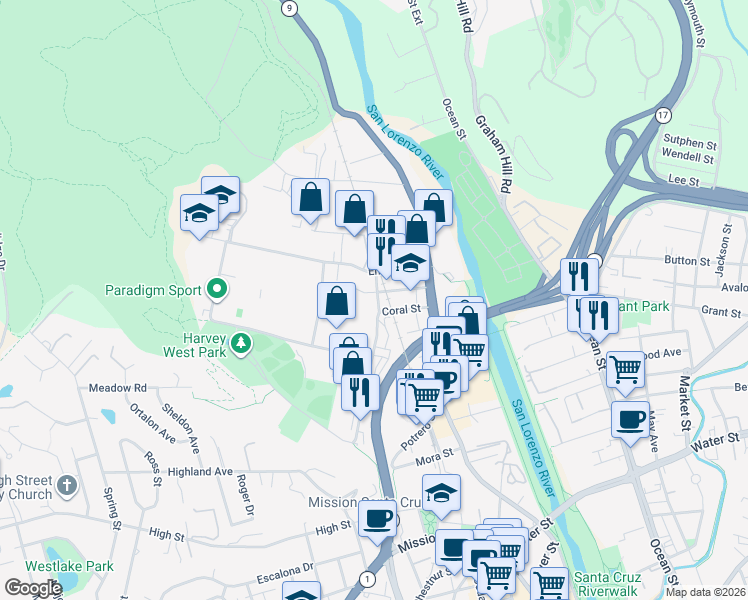 map of restaurants, bars, coffee shops, grocery stores, and more near 211 Fern Street in Santa Cruz
