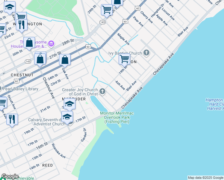 map of restaurants, bars, coffee shops, grocery stores, and more near 59 Beechwood Ave in Newport News