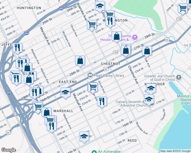 map of restaurants, bars, coffee shops, grocery stores, and more near 2500 Orcutt Avenue in Newport News